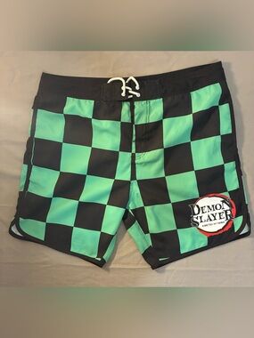 Hot Topic Black & Green Checkered Swim Board Shorts